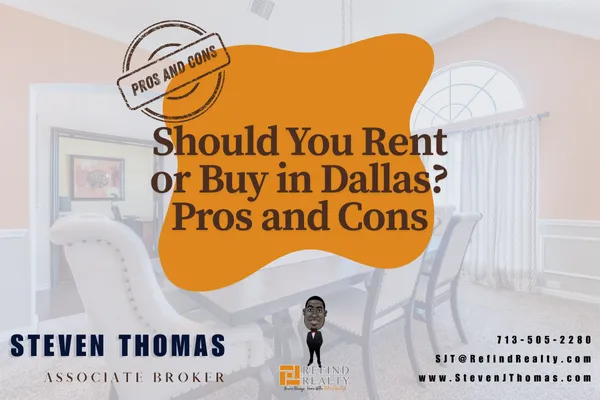 Split-screen image comparing renting an apartment and buying a home in Dallas with skyline in background