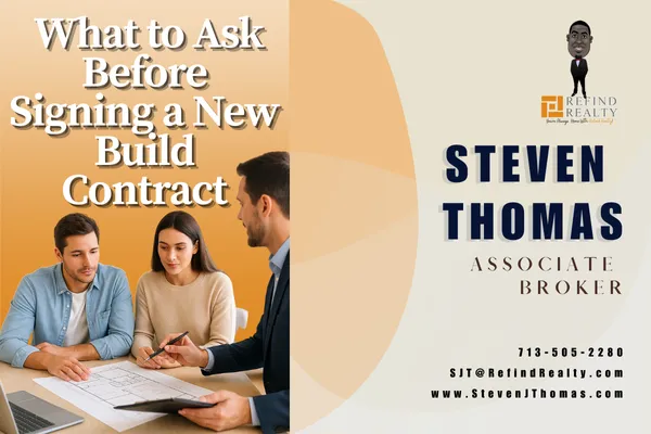 Couple reviewing a new build contract with their Dallas real estate agent in a model home office