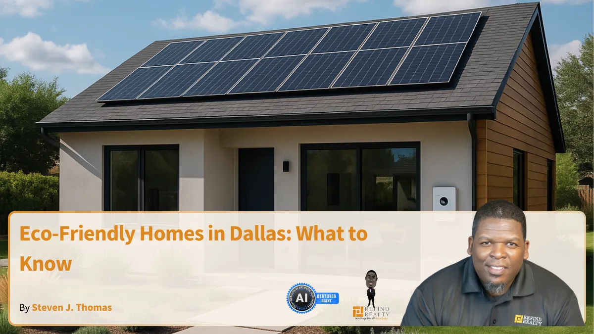 Energy-efficient modern home in Dallas with solar panels, native landscaping, and smart thermostat technology.