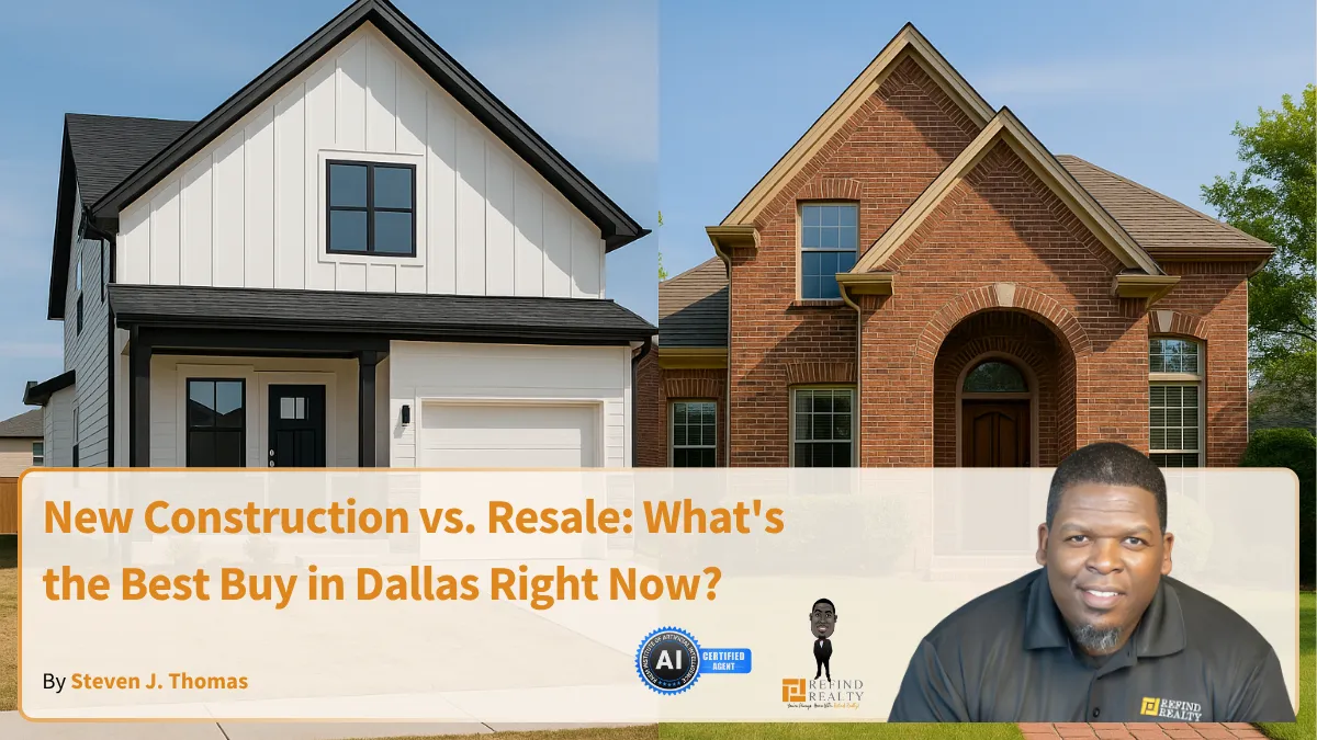 Side-by-side image of a modern new construction home and a traditional resale home in Dallas
