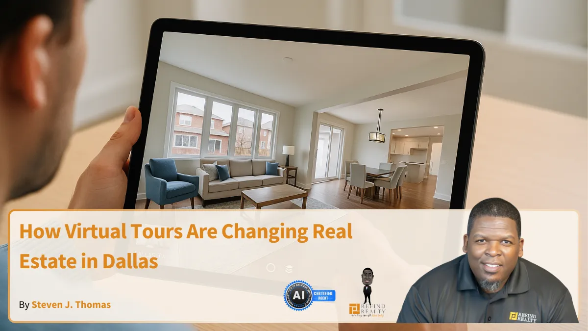 A person viewing a 3D virtual tour of a Dallas home on a tablet, showcasing the property's interior layout and design.