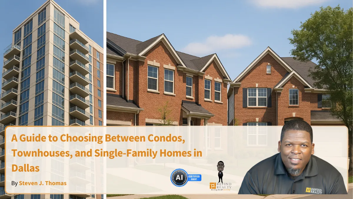 Three distinct Dallas home styles: a downtown high-rise condo, a modern townhouse with shared walls, and a detached single-family home with a front yard.