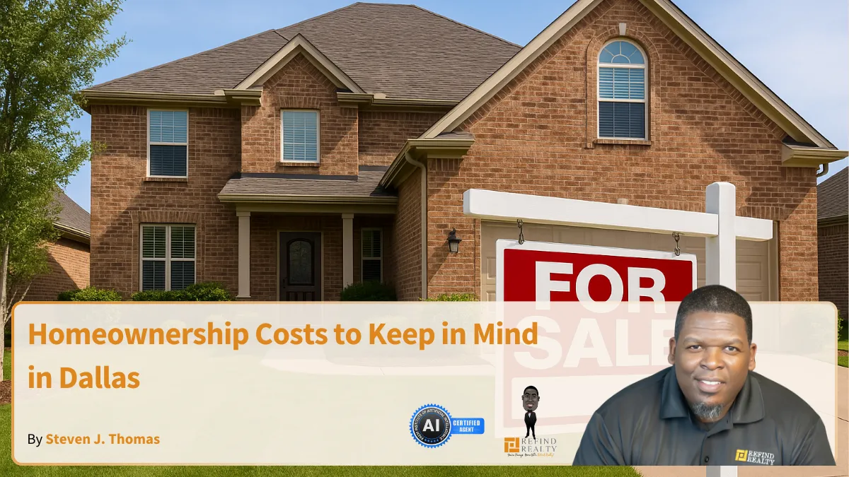 A two-story brick home in Dallas with a well-maintained lawn and a "For Sale" sign in the front yard.