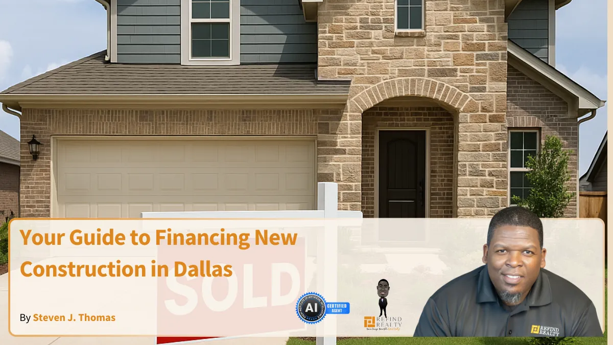 A newly built suburban home in Dallas with blue skies and a 'Sold' sign out front, symbolizing successful new construction financing.