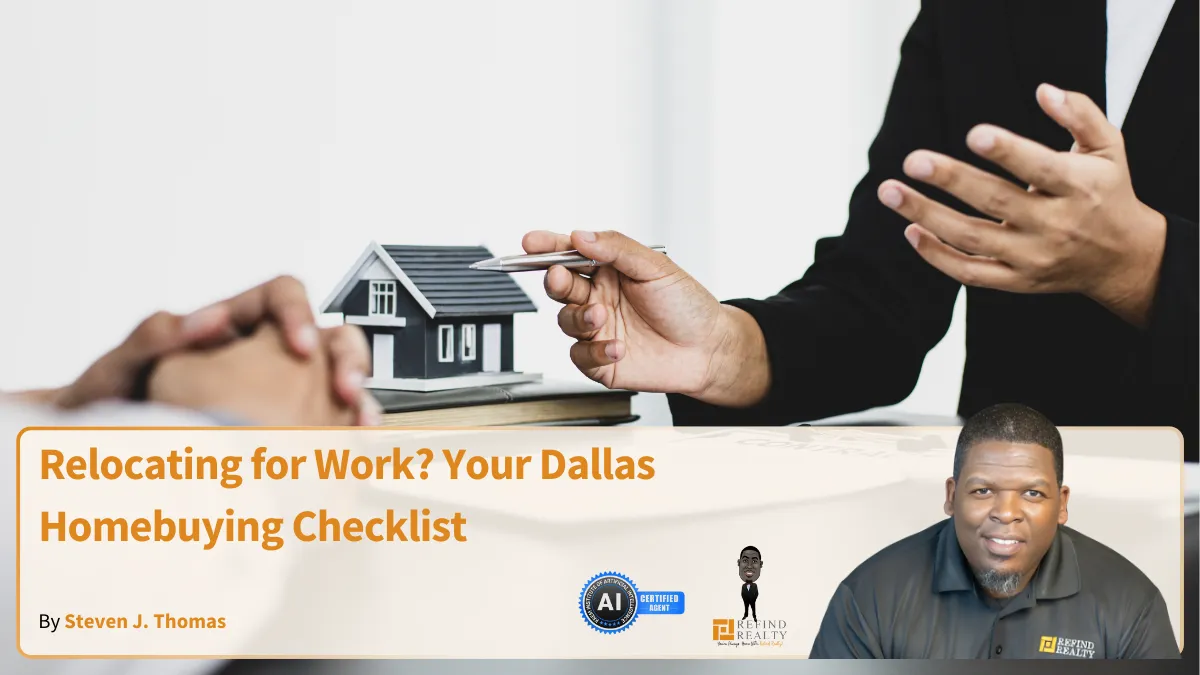 Real estate agent assisting a relocating professional with a Dallas homebuying checklist at a desk with documents and laptop.