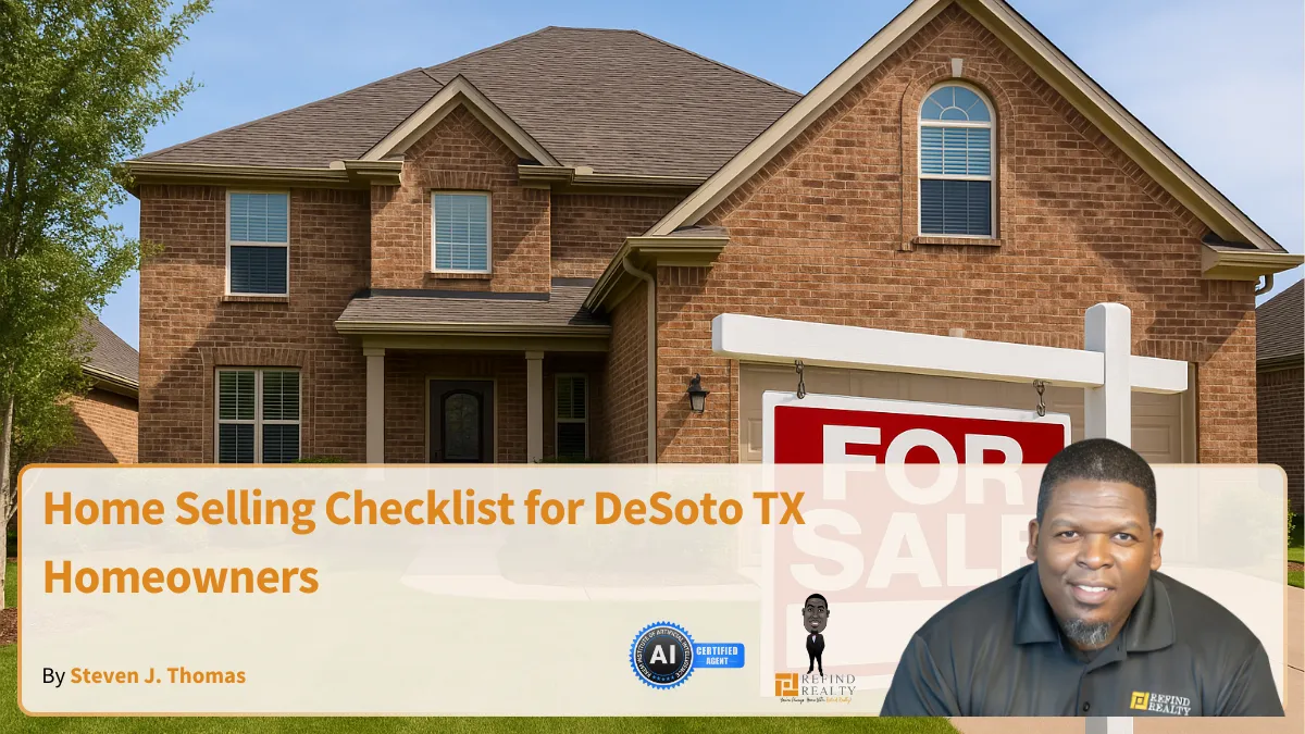 Front yard of a DeSoto TX home with fresh landscaping, a clean walkway, and "For Sale" sign ready for listing photography.