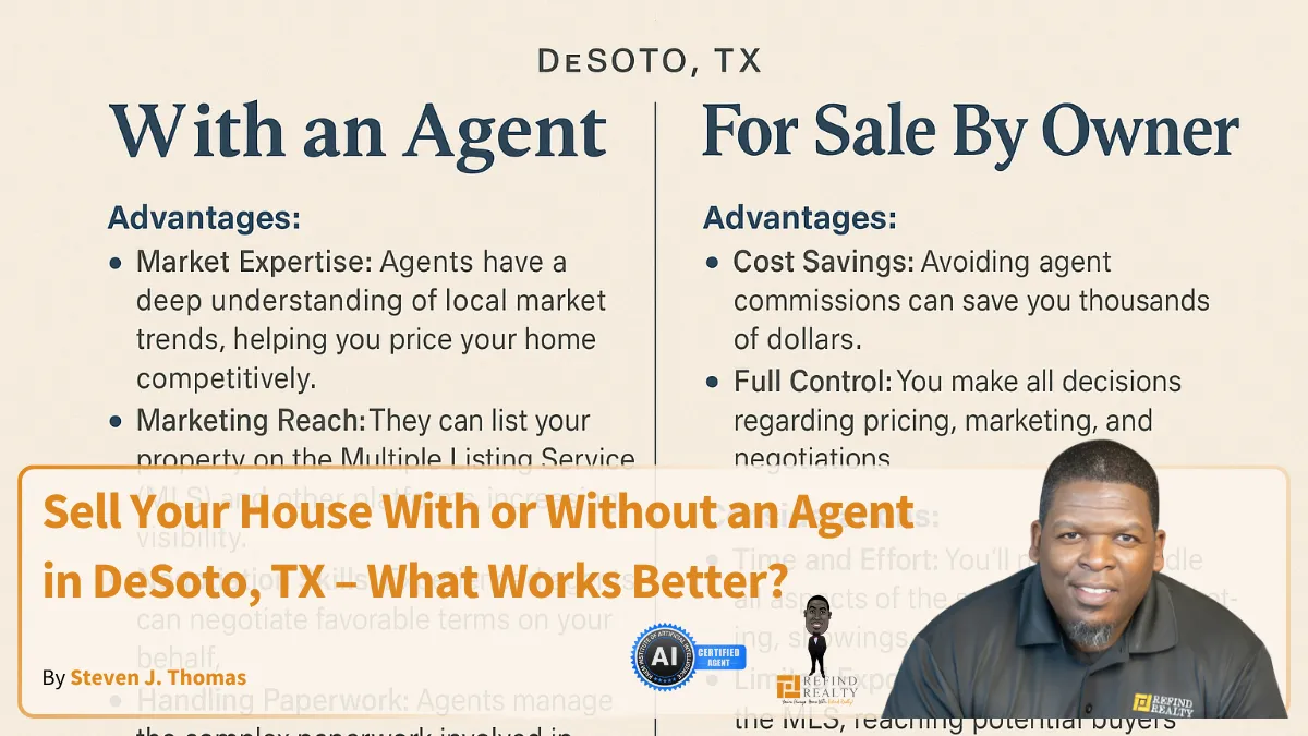 A comparison chart showing the pros and cons of selling a house with an agent versus FSBO in DeSoto, TX.
