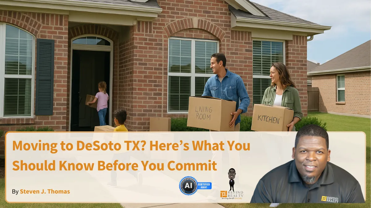 Family unloading boxes in front of a new brick home in DeSoto TX neighborhood