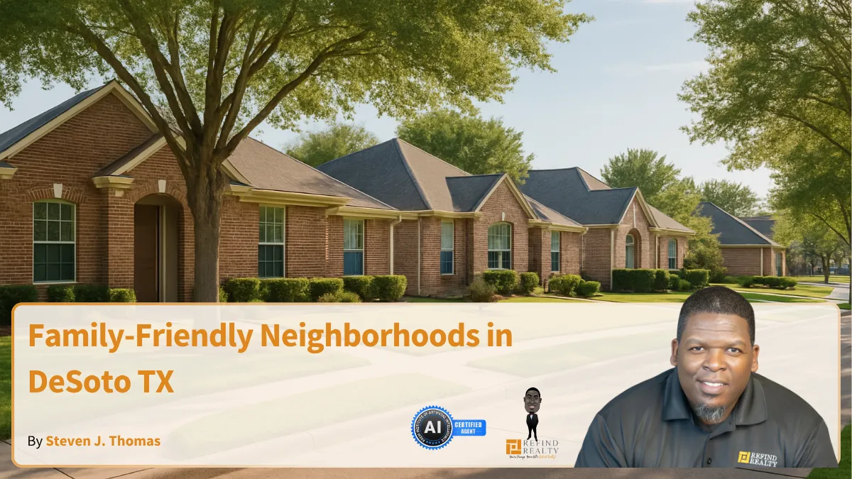 A suburban scene in DeSoto, TX showing a family walking on a tree-lined sidewalk past well-kept homes and a playground.