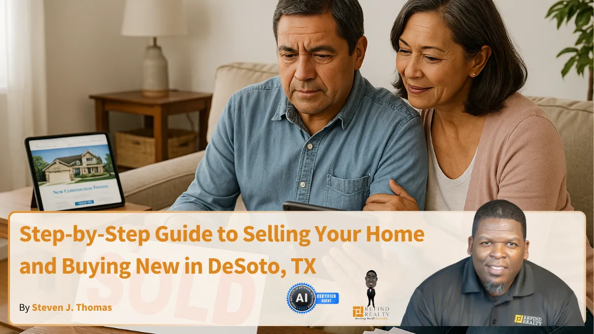 A couple reviewing home paperwork in their kitchen while a new construction house is visible through the window in DeSoto, TX.