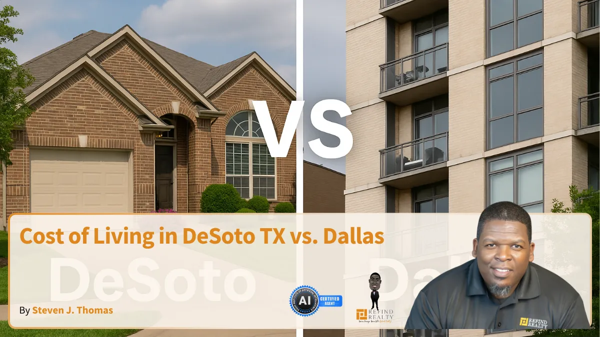 Side-by-side comparison of suburban home in DeSoto and urban condo in Dallas showing differences in space and cost.