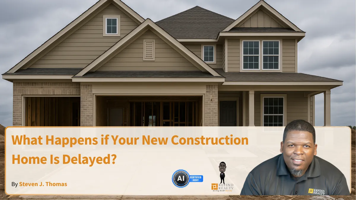 A new construction home with an unfinished driveway and framed structure under a cloudy sky, symbolizing a project delay.