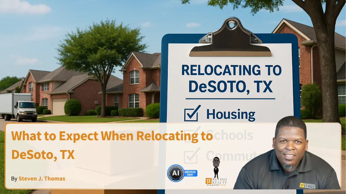 DeSoto TX residential street with single-family homes, moving truck, and trees lining the road—ideal for families relocating