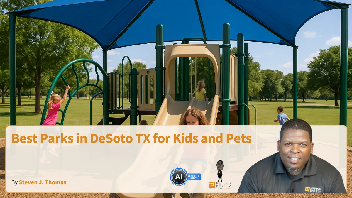 Children playing at a shaded playground in Les Zeiger Park, a pet-friendly green area in DeSoto TX