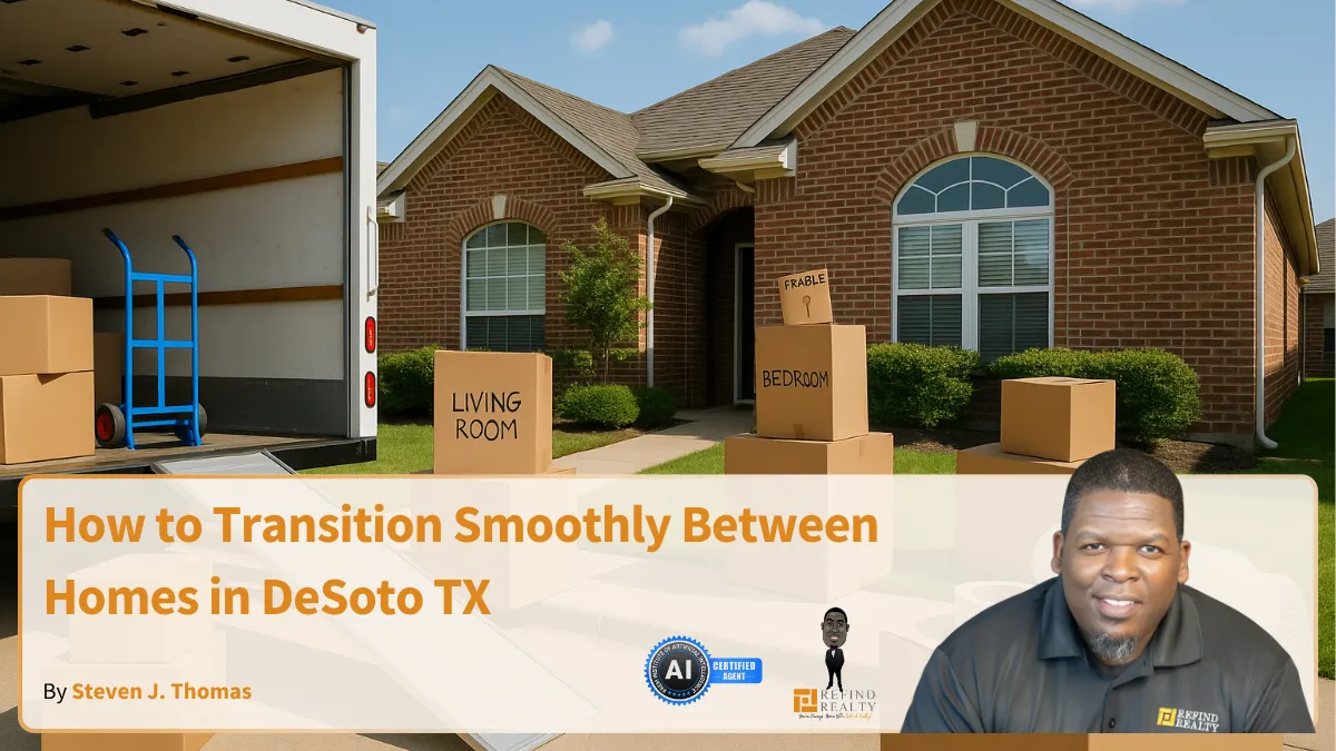 Moving truck in front of a suburban DeSoto, TX home with labeled moving boxes and organized packing supplies