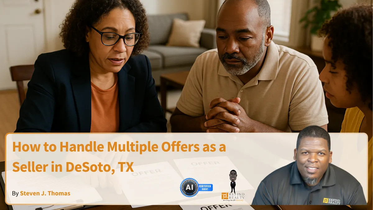 African American couple and real estate agent reviewing multiple offers on a home in DeSoto, TX