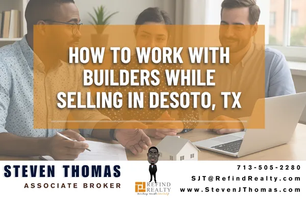 Real estate agent discussing new construction options with home sellers in a bright office, with a laptop, contract, and small model house on the table.