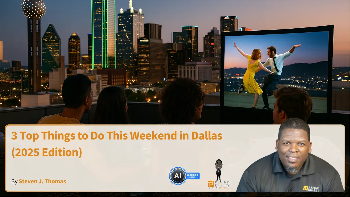 Friends enjoying a rooftop movie night in downtown Dallas with city skyline in the background