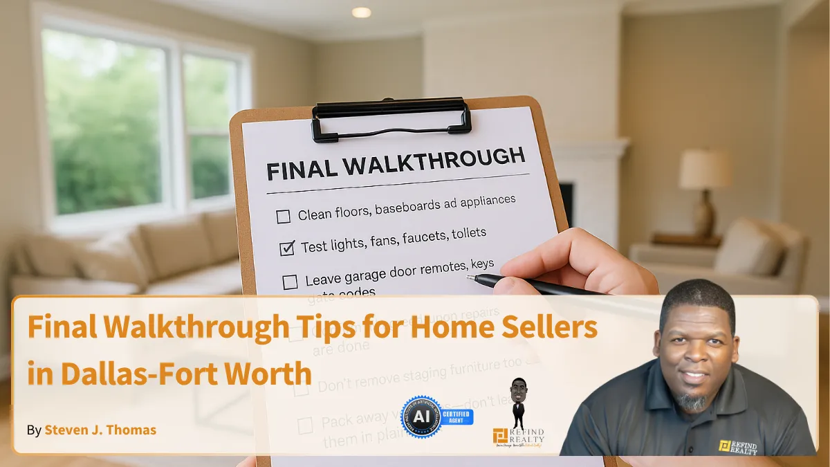Seller in Dallas checking final walkthrough checklist inside clean, empty home before closing
