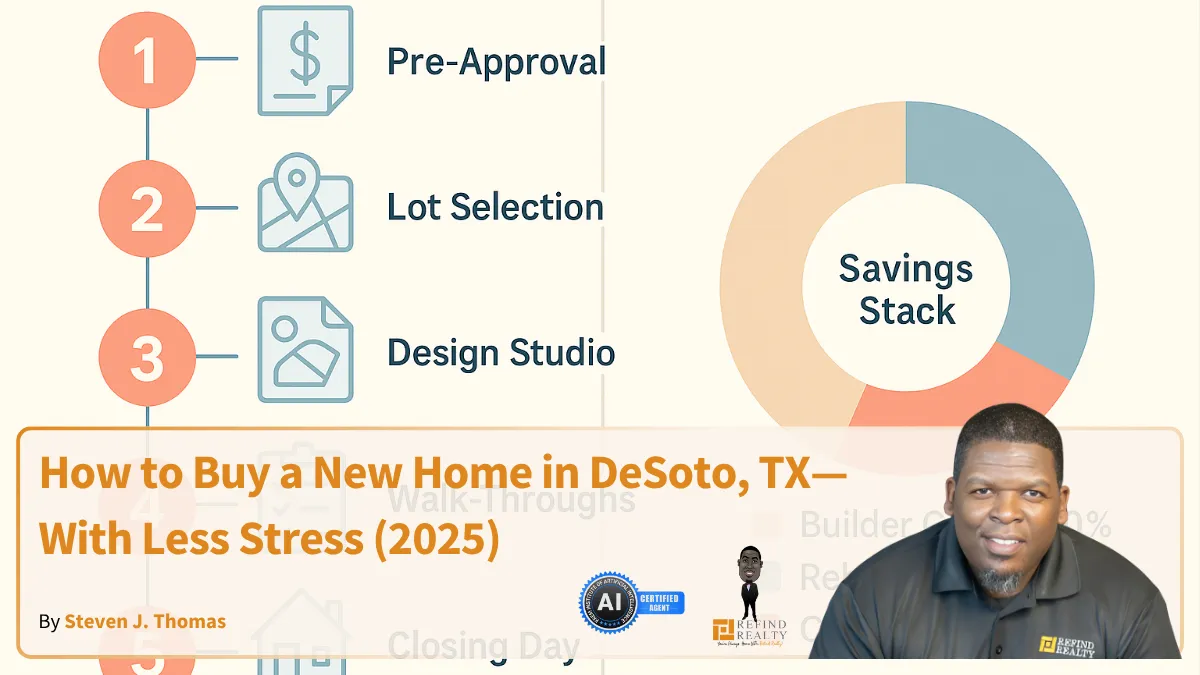Infographic timeline showing the five stress-free steps to buying a new construction home in DeSoto, TX, plus a savings breakdown.	