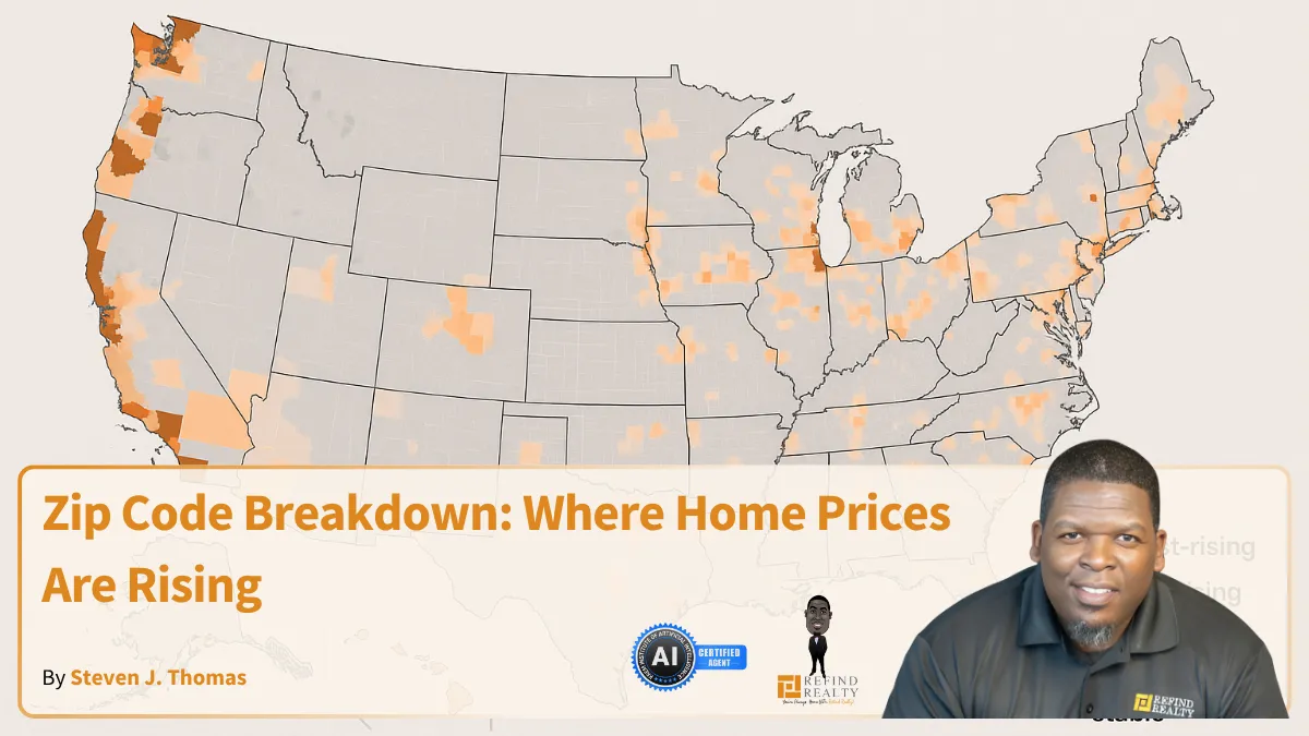 U.S. map showing zip codes with fastest-rising home prices in 2025, with orange areas marking high-growth markets.