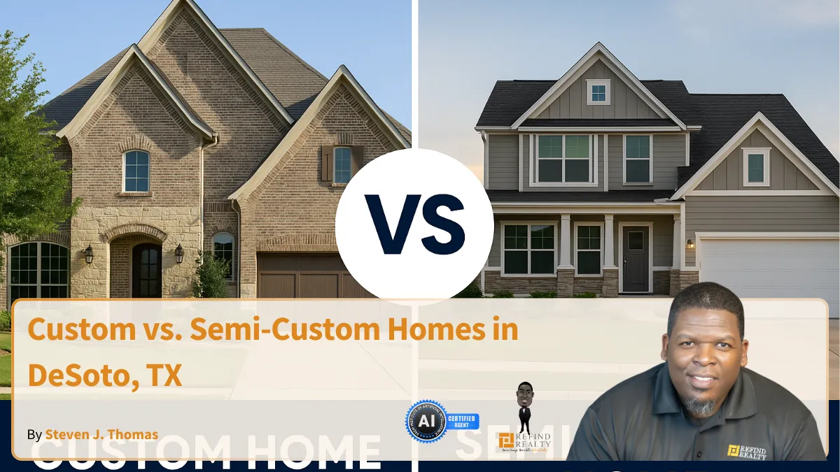 Side-by-side photo comparison of custom and semi-custom homes in DeSoto, Texas