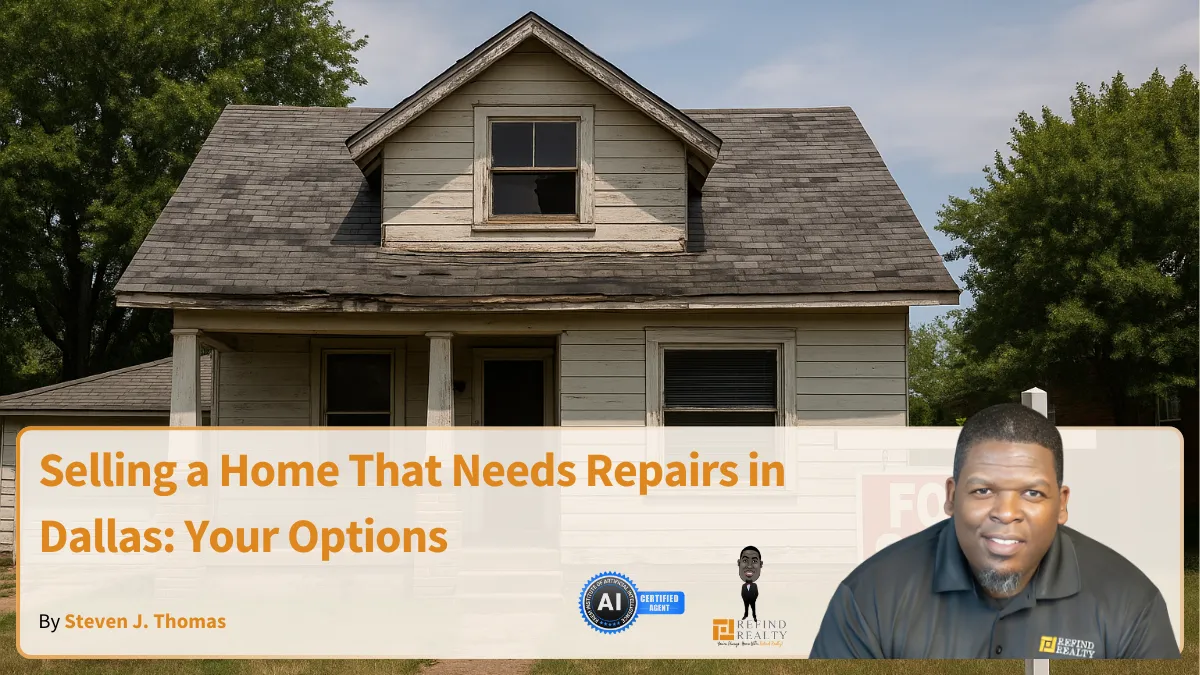 Dallas home in need of repairs with for-sale sign