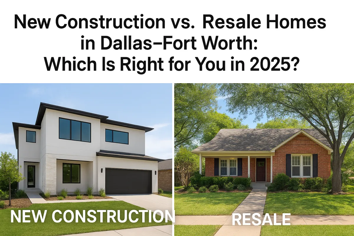 Split-screen showing new construction and resale homes in Dallas–Fort Worth, TX 2025