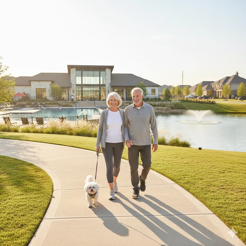 Empty nester couple walking on a trail in a DFW community in 2025.