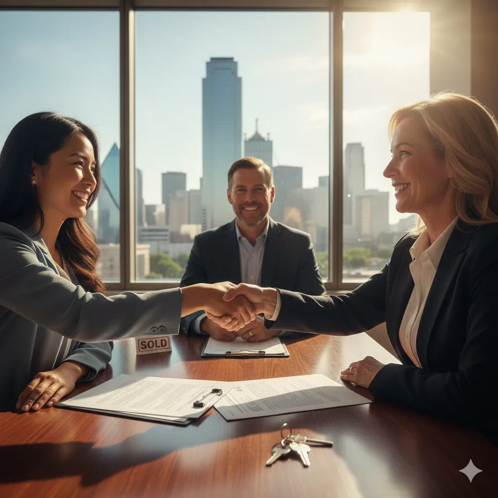 A buyer and seller shaking hands at a closing table in Dallas–Fort Worth.