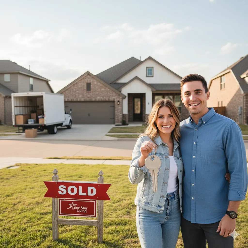 Young couple signing closing papers in a bright Dallas–Fort Worth kitchen with neighborhood park visible — first-time homebuyer moment.