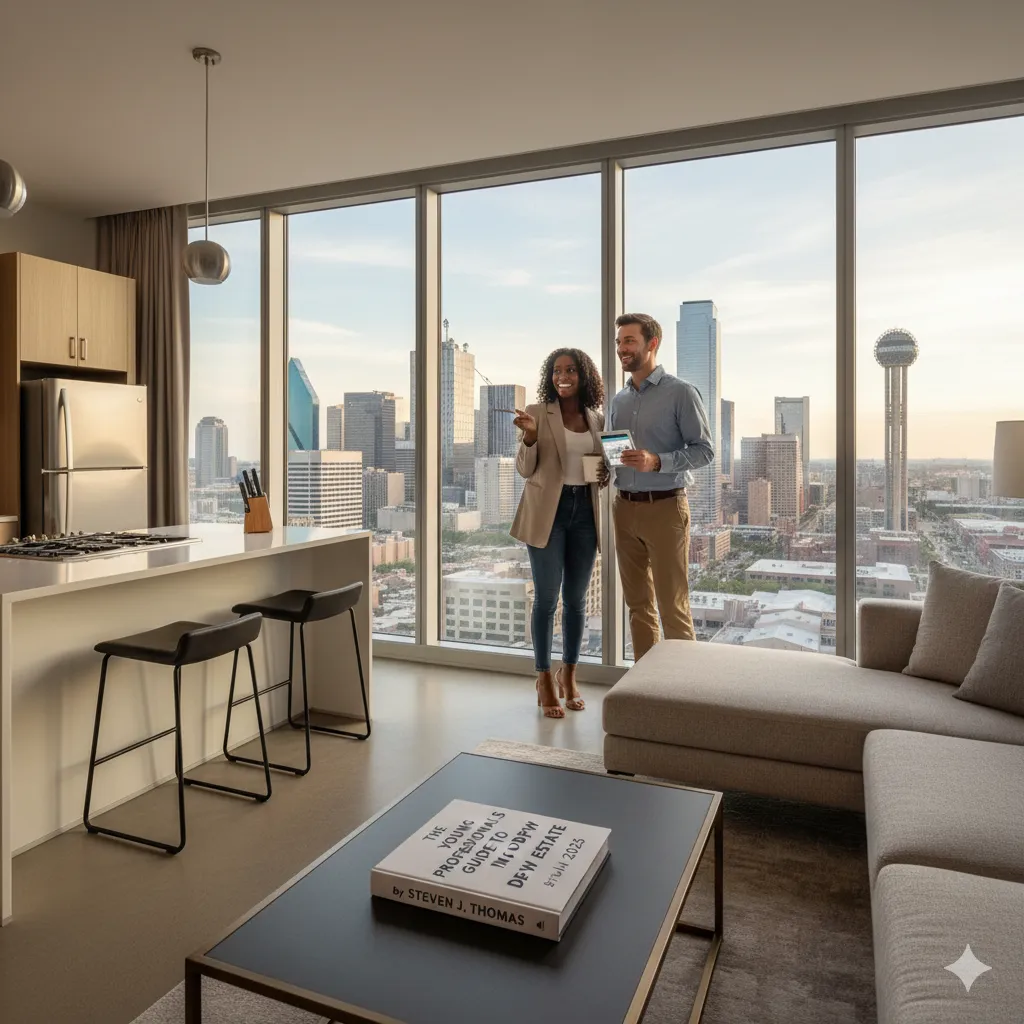 Young professionals viewing Uptown Dallas condo with skyline in 2025.