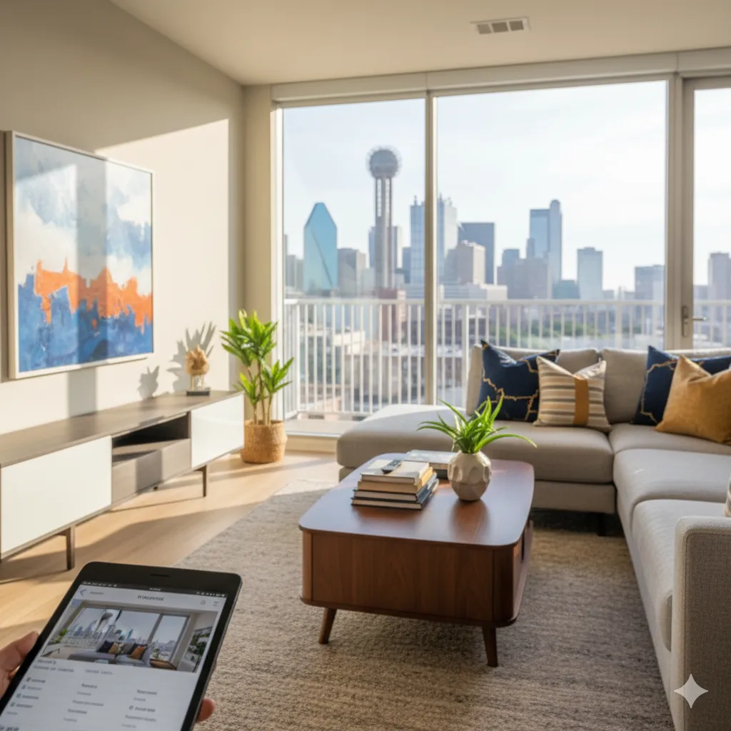 Dallas living room professionally photographed for online listing in 2025.