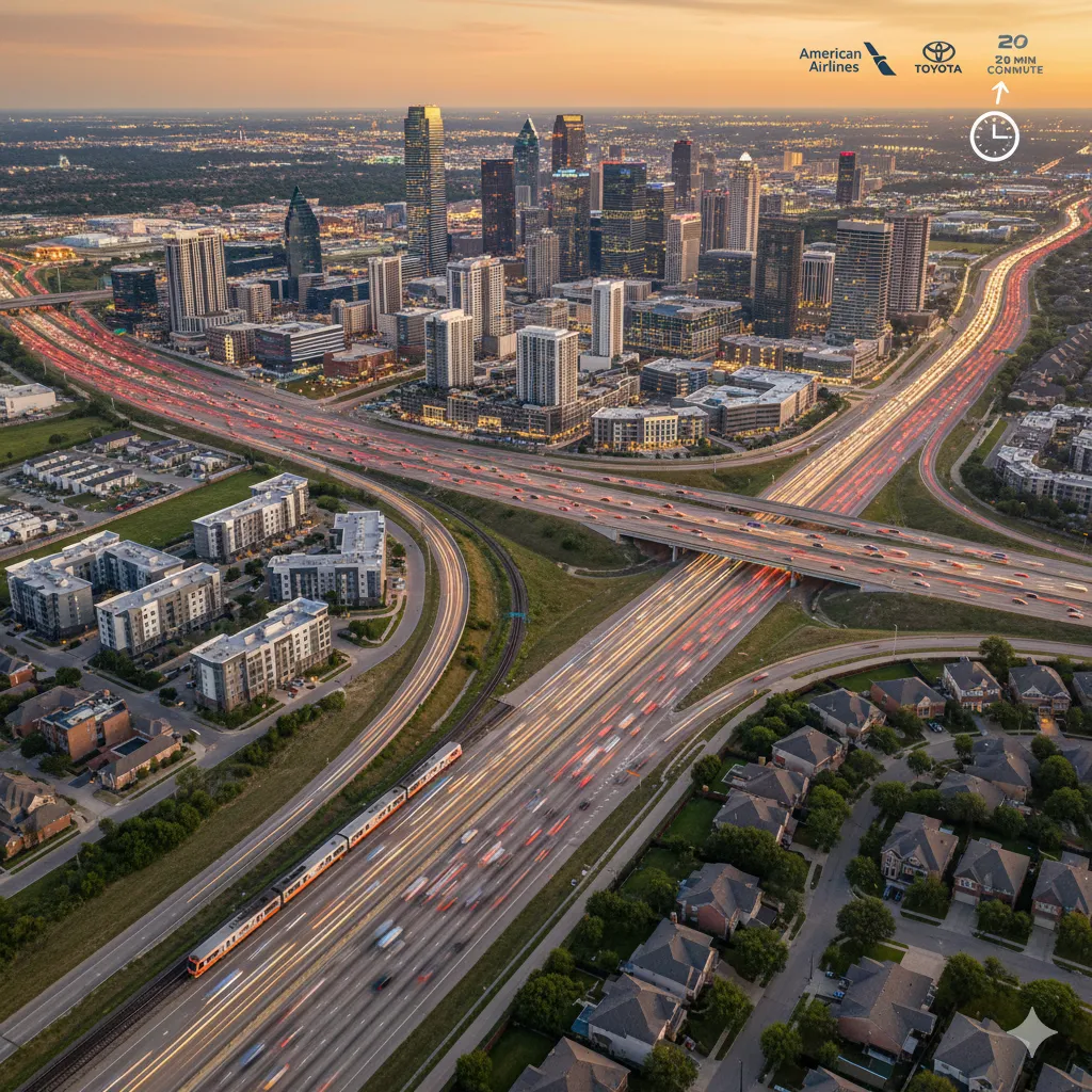 Map of Dallas–Fort Worth showing commute times to major employers in 2025.