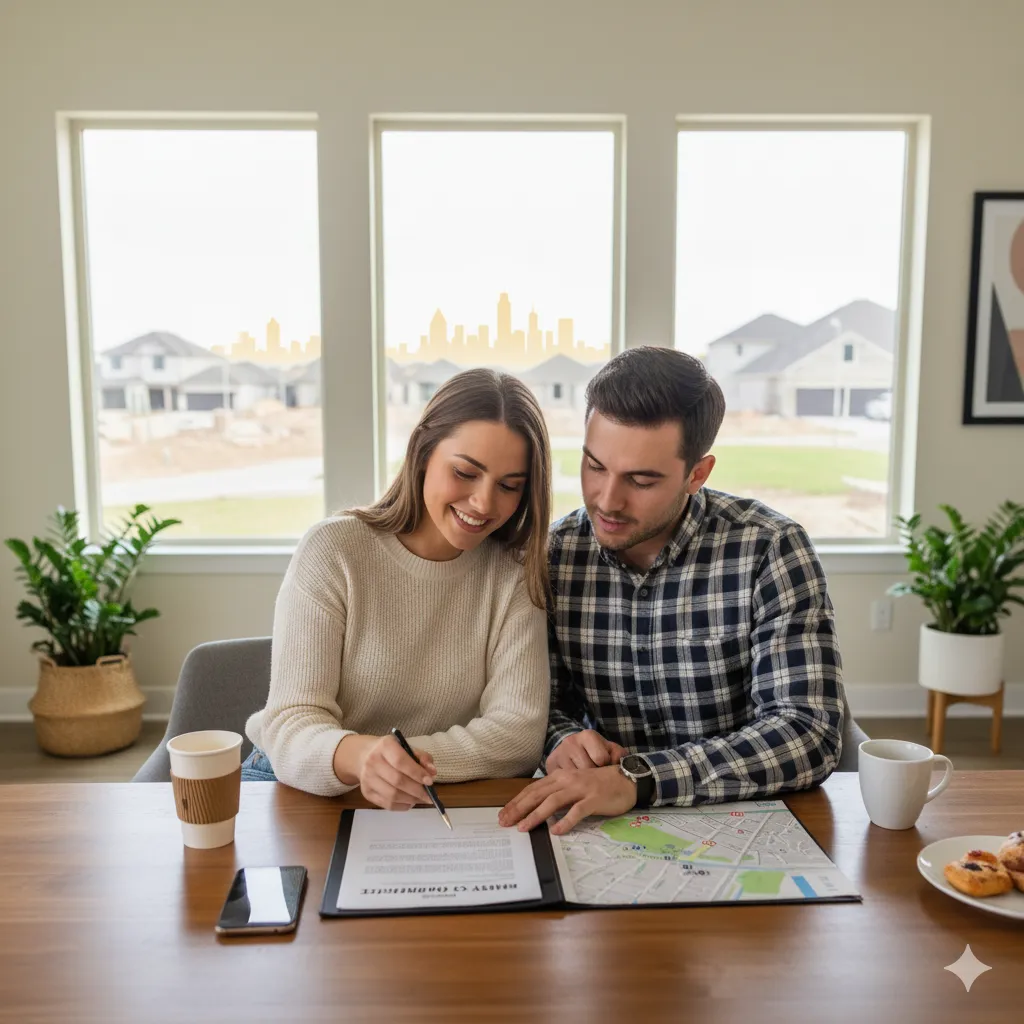 Couple reviewing rent-to-own agreement in Dallas–Fort Worth home, 2025