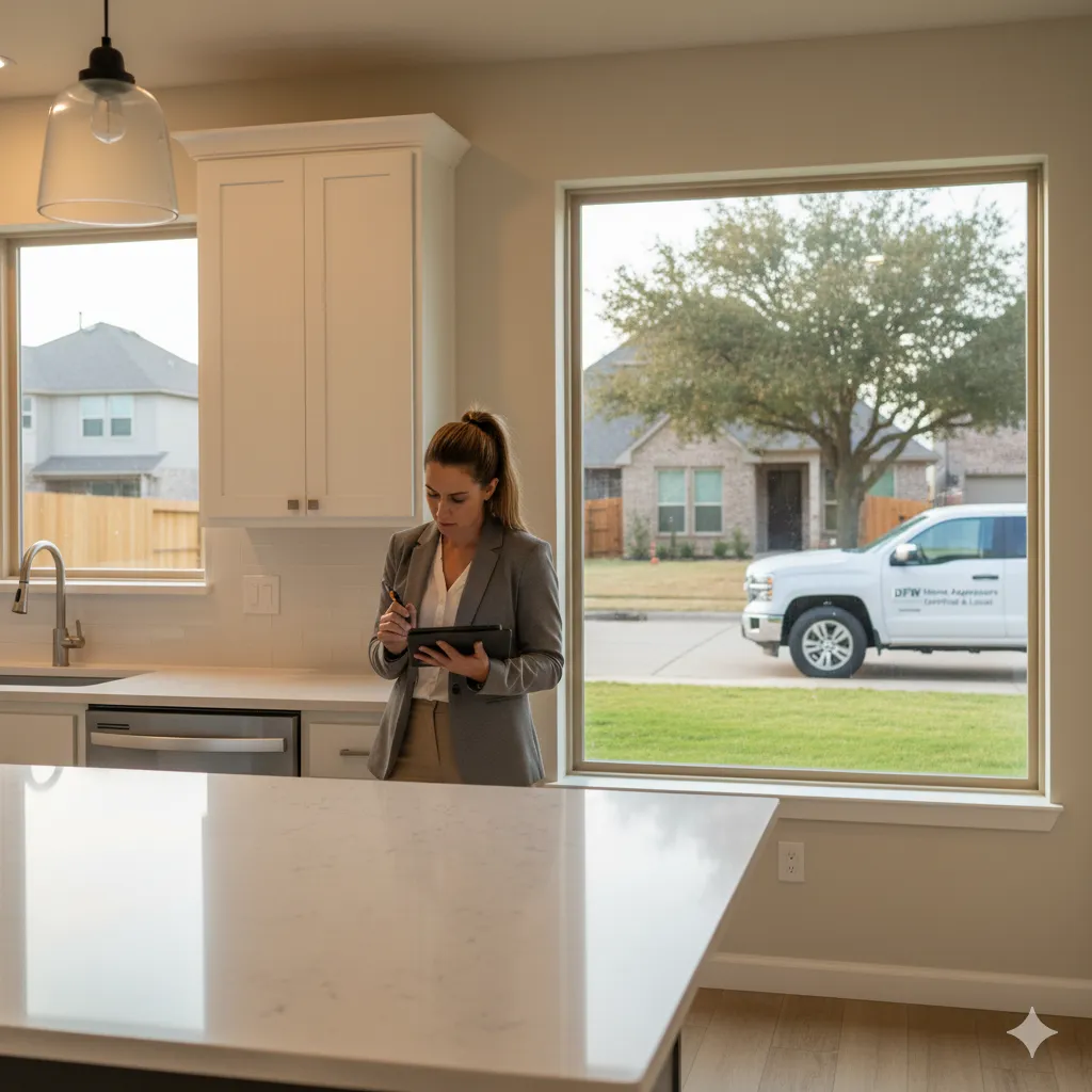 Appraiser inspecting a Dallas–Fort Worth home exterior to evaluate value in 2025