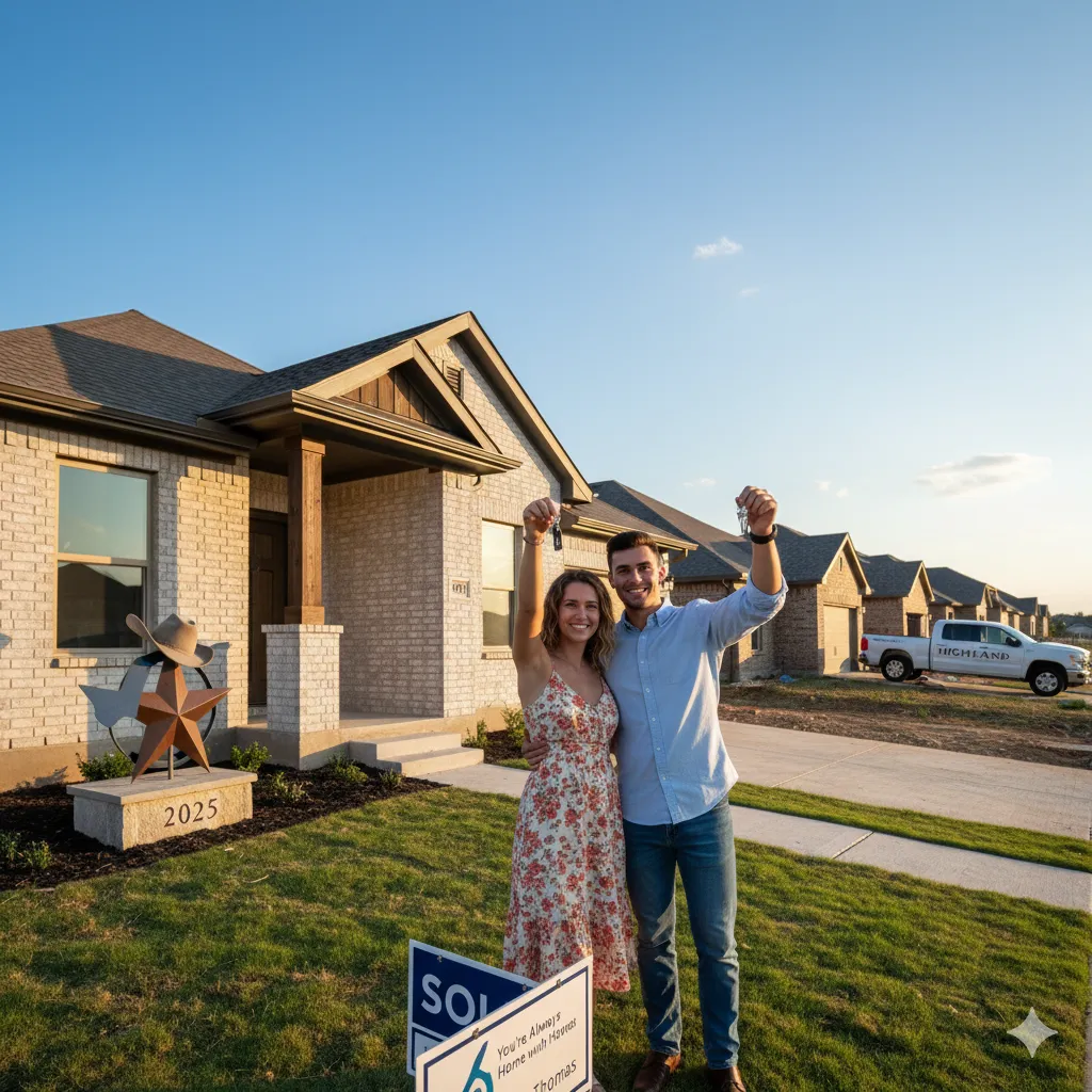 Couple holding keys in front of their starter home in DFW, 2025.