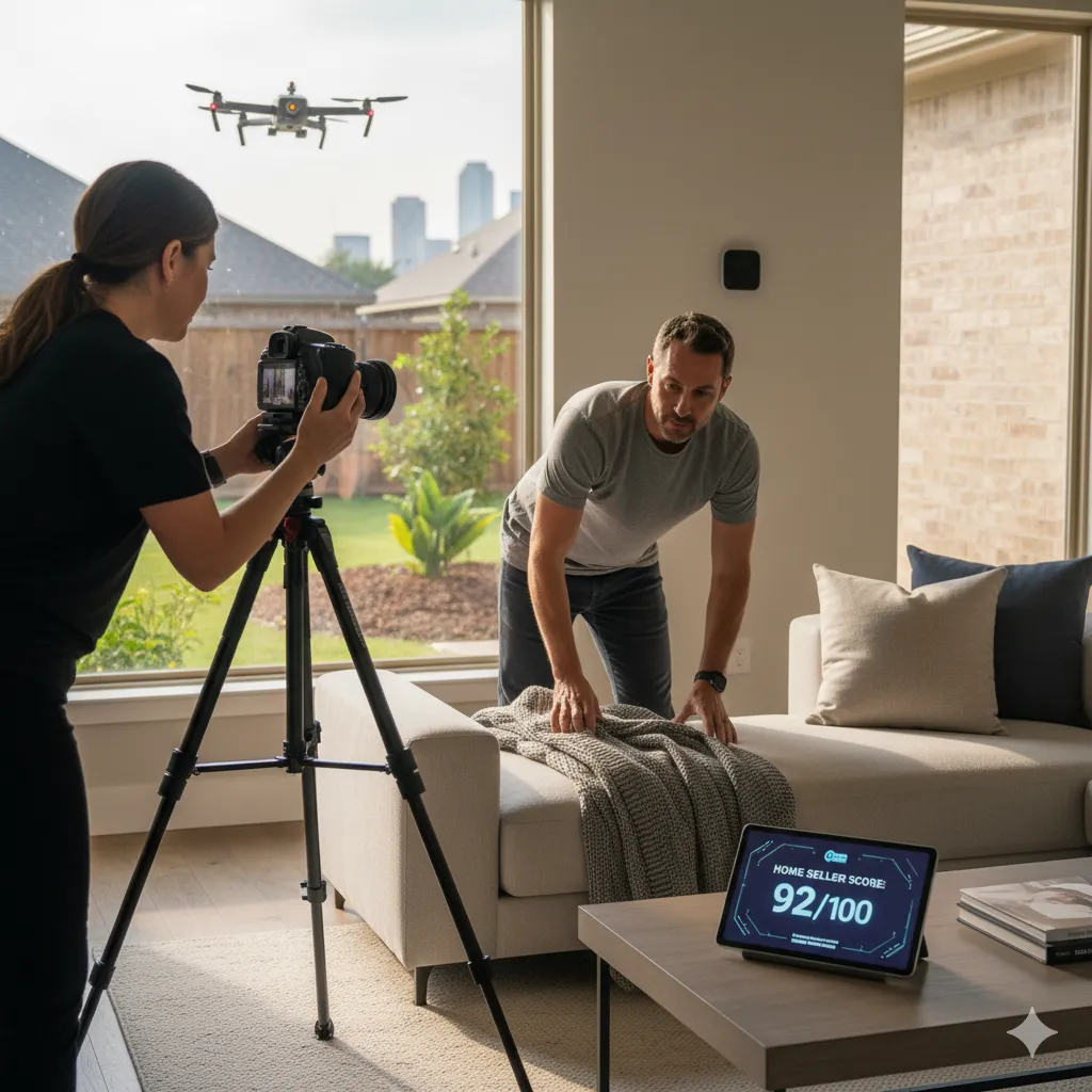 Homeowner reviewing home value report with Dallas–Fort Worth skyline in 2025.