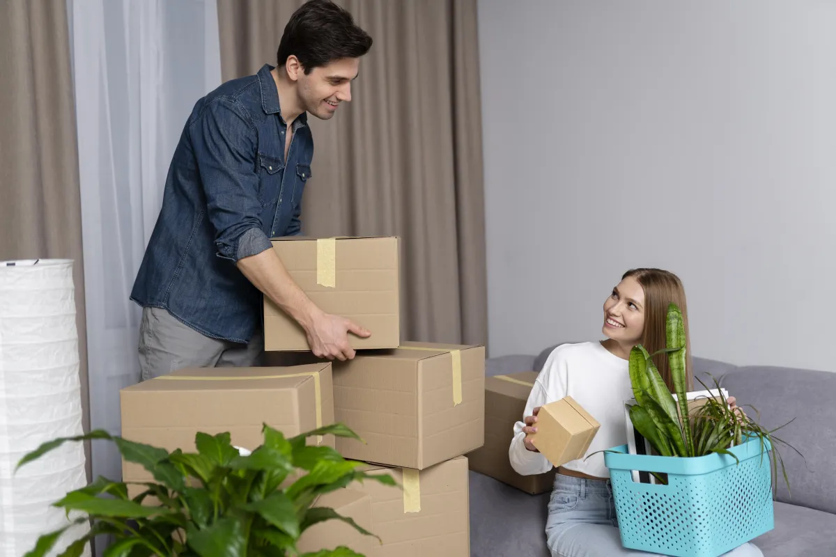 Family packing boxes in a clean, staged Dallas living room.