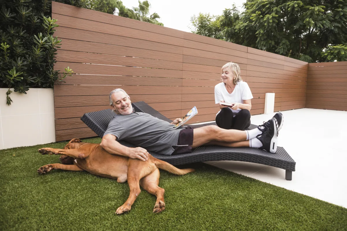 A Dallas backyard with a dog playing near a fenced lawn and patio.