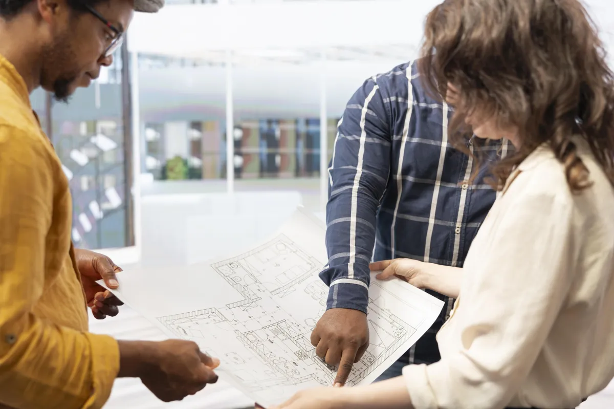 Dallas realtor reviewing a new construction blueprint with a client.