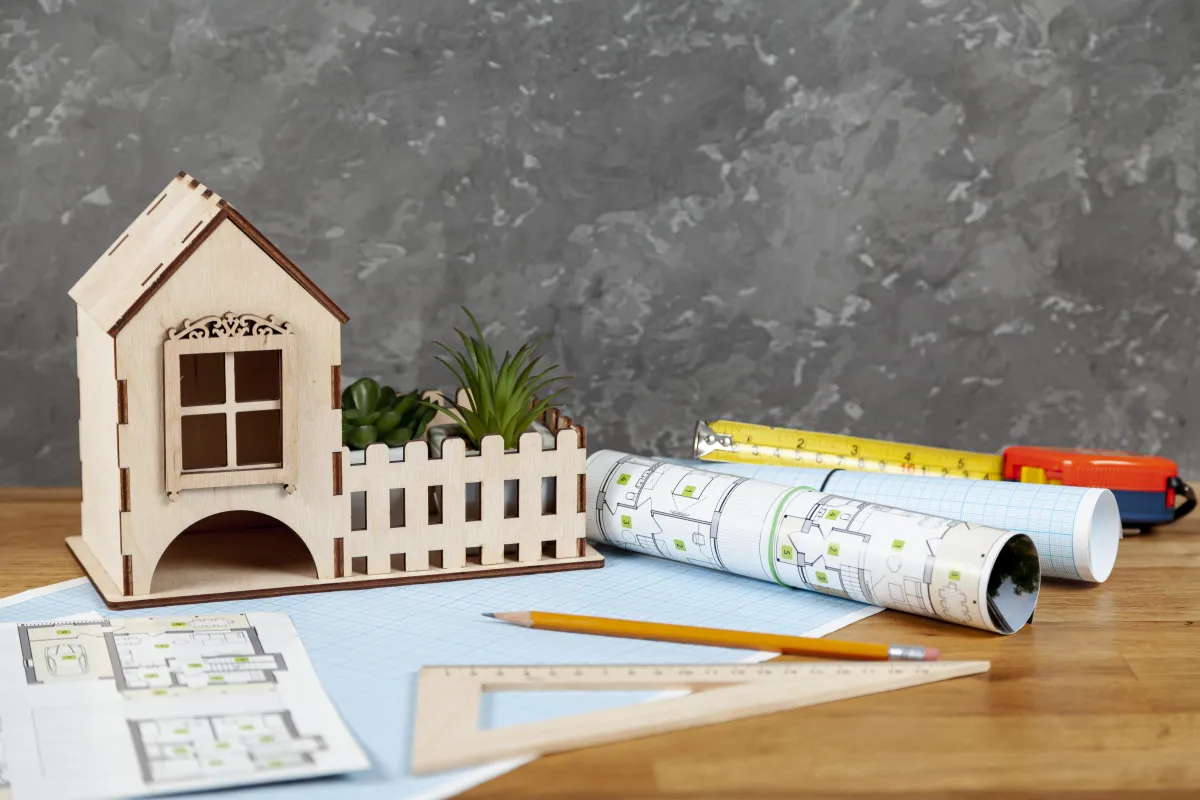 New construction home blueprints laid out on a table next to model finishes.