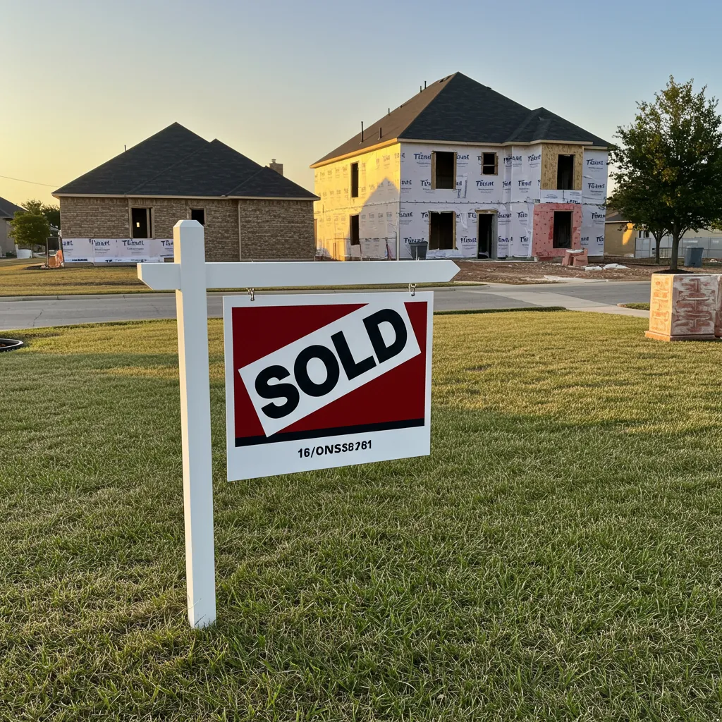 A "Sold" sign in a suburban DFW lawn adjacent to a new construction site, representing a perfectly timed transition.