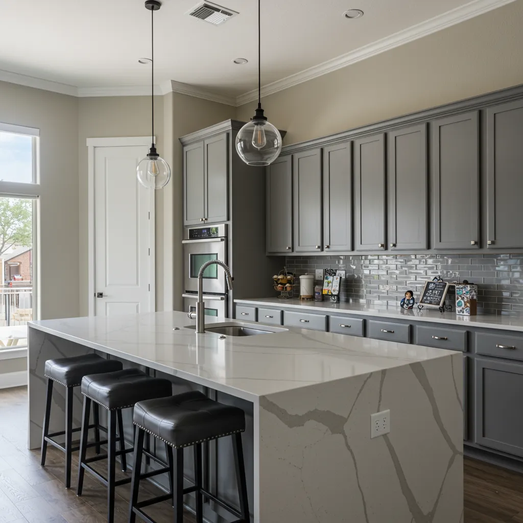 A modern DFW kitchen featuring high-end quartz countertops and custom cabinetry secured through builder design credits.