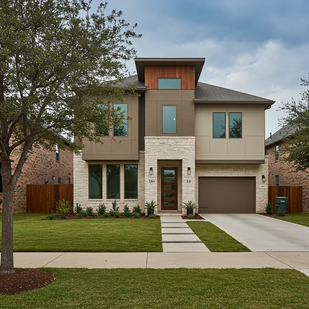 A newly completed spec home in a Dallas-Fort Worth suburb showcasing modern North Texas architecture and landscaping.