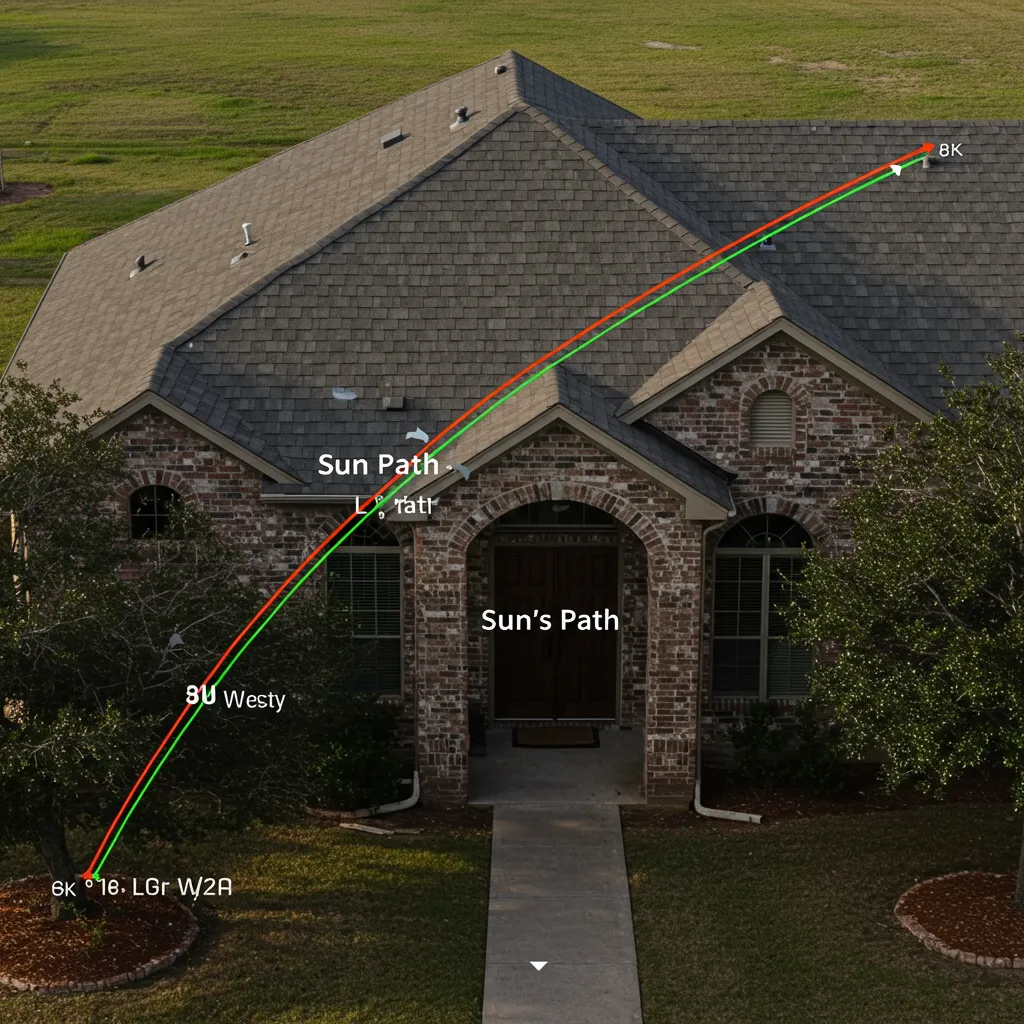 A diagram of the sun's path over a North Texas home, illustrating afternoon heat gain on west-facing windows.