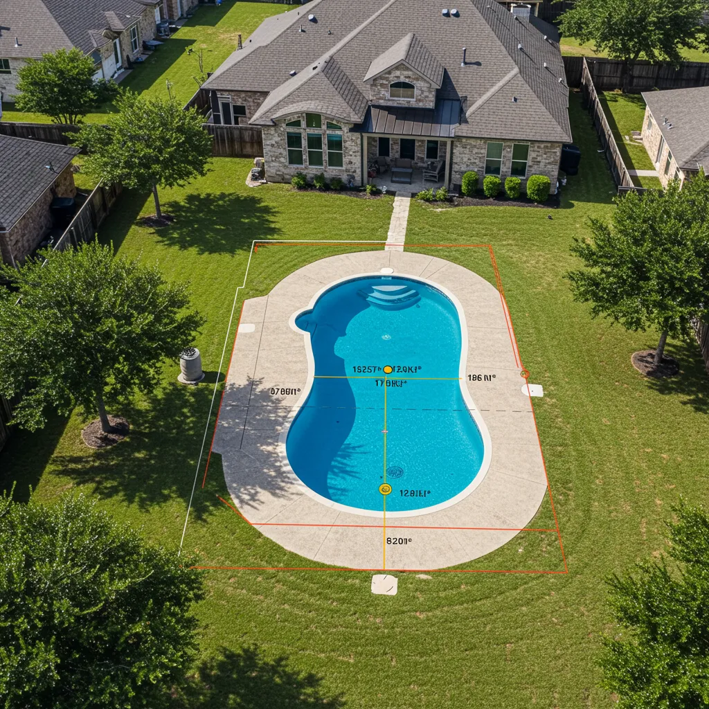 A suburban DFW backyard with a digital overlay showing the footprint of a future swimming pool and required setbacks.