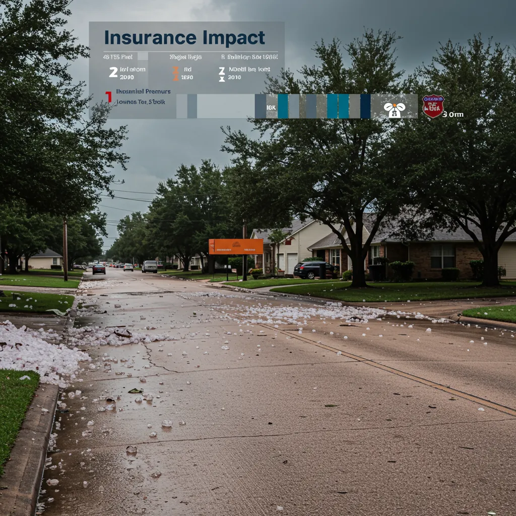 A suburban Dallas street after a hailstorm, with a graphic overlay showing the impact of insurance premiums on monthly mortgage payments.