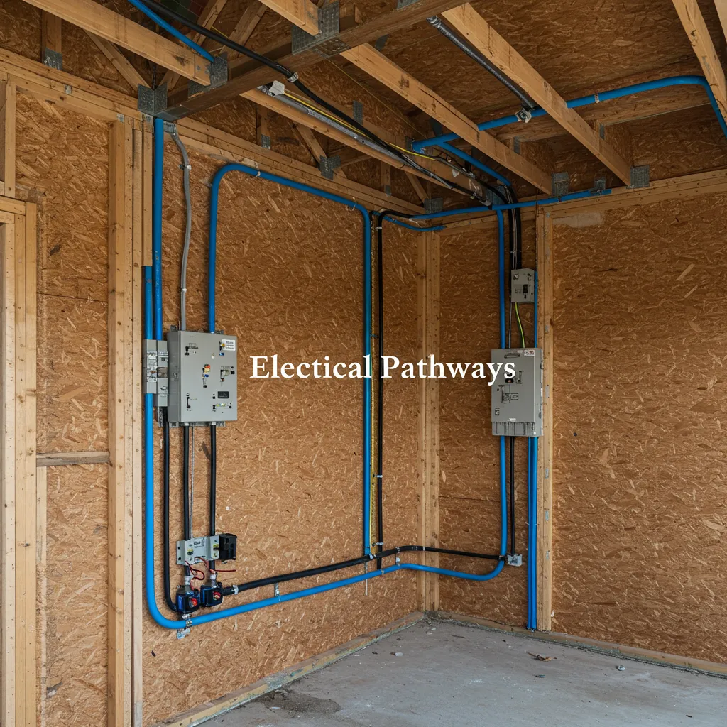 A schematic of a new DFW home showing the internal conduit and wiring pathways from the roof to the electrical panel.