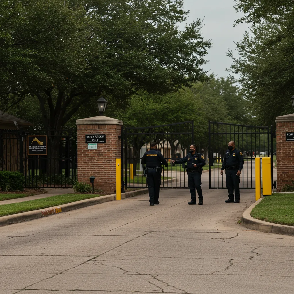 A gated community entrance in a North Texas suburb with a security guard checking visitor credentials, juxtaposed with an open suburban street.